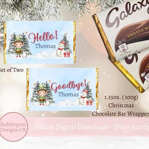 Set von 2 Junge Elf Weihnachten Schokolade Wrapper, druckbare Praline Verpackung, A4 druckbar, Elfe Hallo Auf Wiedersehen, sofortiger digitaler Download