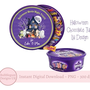 Halloween Movie Night Treats Chocolate Tub Lid Design, PNG,  Printable Chocolate Candy Tub Lid, Halloween Sticker, Instant Digital Download