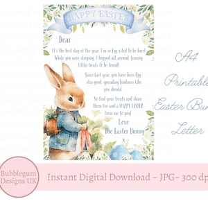 Carta de conejo de Pascua A4, nota de conejo de Pascua azul, carta de conejo de Pascua, JPG, carta imprimible, descarga digital instantánea
