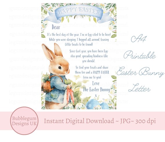 A4 Easter Bunny Letter, Blue Happy Easter Bunny Note, Easter
