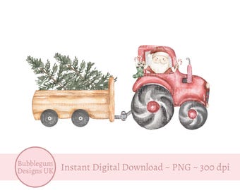 Conception de sublimation de tracteur et de remorque de Noël de père Noël, tracteur rouge PNG, conception de T Shirt de tracteur de ferme de Noël, téléchargement numérique instantané