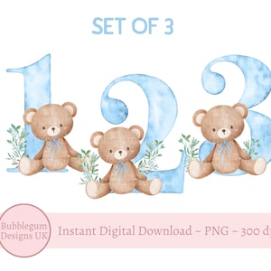 Lot de numéros bleus ours en peluche âgés de 1 à 3 ans PNG, anniversaire ours en sublimation dessins, clipart ours en peluche bleu, ours beige, téléchargement immédiat