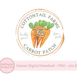 May include: A watercolor illustration of a round, orange logo with the text "Cottontail Farms Carrot Patch" in green lettering. The logo features three carrots with green tops and a small brown tag that reads "Carrots for the Faster Bunny". The text "locally grown" and "farm fresh" are also included in the logo.