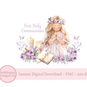 Prima Comunione che prega ragazza PNG, disegno di sublimazione della comunione, disegno della carta di comunione, disegno del salvadanaio, download digitale istantaneo