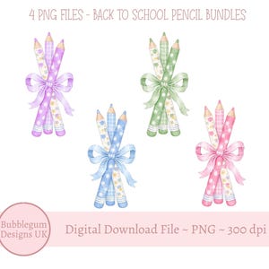 4 x pastellmönstrade pennor med rosetter PNG, skolstart-clipart, skolstart-kort, tack-lärare-clipart, digital nedladdning direkt