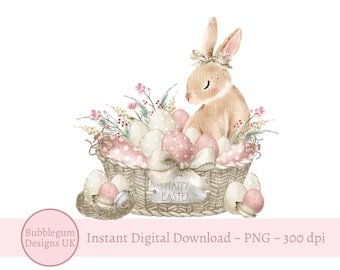 Happy Easter Bunny Basket PNG, Easter Clip Art, Easter Spring Decor PNG, First Easter Card Design, Sublimation, Instant Digital Download