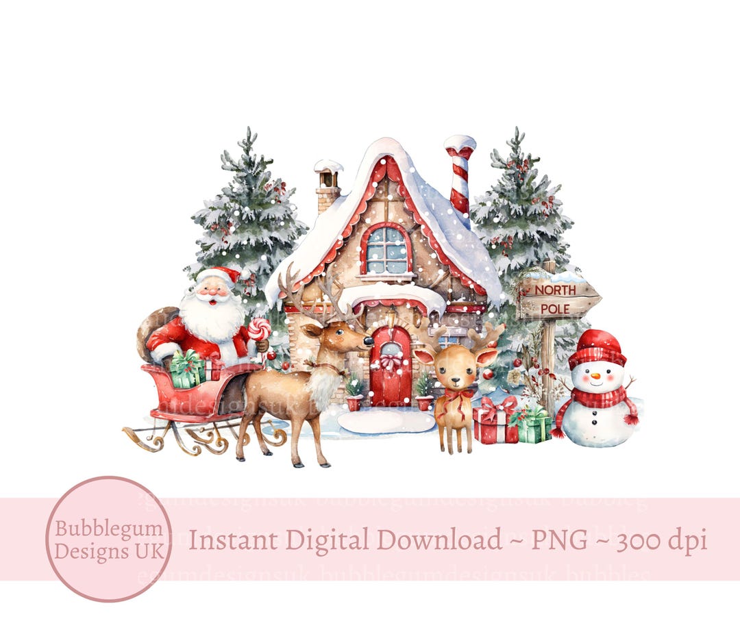 Christmas Woodland Santa Sleigh & Deer PNG, Winter Sublimation Design ...