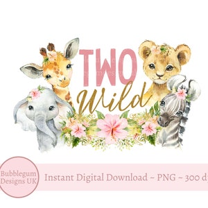 Meisjes twee wilde babysafaridieren PNG, aquarel babydieren, T-shirt sublimatie ontwerp, ontwerp verjaardagskaart, instant digitale download