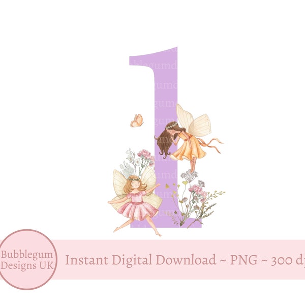 Purple Fairy Wildflower Number 1 PNG, Fairies Sublimation Design, Fairy Birthday Party Decor, Fairy Party, Instant Digital Download