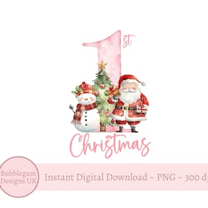 Roze 1e kerstman en sneeuwpop PNG, baby's eerste kerst, 1e kerstvakantie sublimatie, vrolijke kerstman, instant digitale download