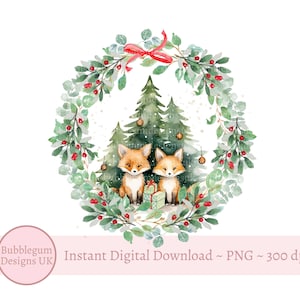 Couronne de renard des bois de Noël PNG, Clipart Couronne de Noël, conception de renards des bois, bébé renard, sublimation de vacances, téléchargement immédiat