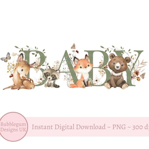 Bébé animaux des bois PNG, sublimation animaux de la forêt, conception de baby shower des bois, fleurs sauvages des bois, téléchargement immédiat