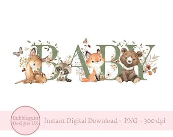 Baby Woodland Animals PNG, Forest Animals Sublimation Design, Woodland Baby Shower Design, Woodland Wildflowers, Instant Digital Download