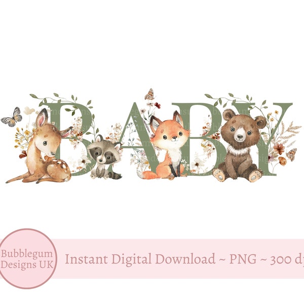 Baby Woodland Animals PNG, Forest Animals Sublimation Design, Woodland Baby Shower Design, Woodland Wildflowers, Instant Digital Download