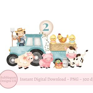 Blauwe boerderijtractor 2e verjaardag PNG, landbouwhuisdieren sublimatieontwerp, verjaardag T-shirtontwerp, koe, lam, varken, instant digitale download