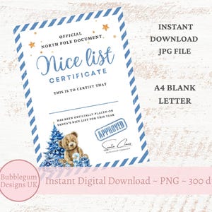 Santa's Schöne Liste Zertifikat, A4 blauer Weihnachtsbär, Heiligabend Box Filler, JPG, Weihnachten druckbar, sofortiger digitaler Download