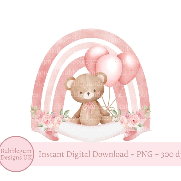 Teddy Bear Pink Balloons & Rainbow PNG, Teddy Bear Clipart, Teddy Bear Baby Shower, New Baby Girl, Bear Birthday, Instant Digital Download