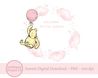 Classic Winnie The Pooh & Pink Balloon, Welcome to the World Blue Wreath PNG, Winnie Baby Shower Sublimation Design,Instant Digital Download