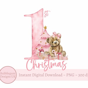 Rosa erster Weihnachtsteddybär PNG, Weihnachtsbär, Babys 1. Weihnachtsweste, rosa Weihnachtssack-Sublimationsdesign, sofortiger digitaler Download