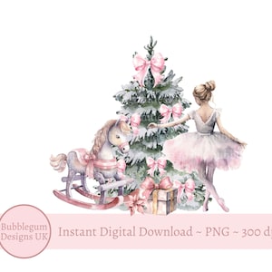 Ballerina di Natale rosa, cavallo a dondolo e albero PNG, design di sublimazione dell'albero di Natale, design di biglietti di Natale, download digitale istantaneo