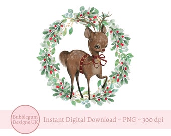 Christmas Vintage Reindeer Wreath PNG, Christmas Clip Art, Winter Reindeer  Wreath, Holiday Sublimation, Instant Digital Download