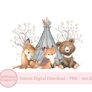 Conception en sublimation animaux de la forêt, PNG, toile de fond, tipi animaux de la forêt, conception de baby shower, décoration de premier anniversaire, téléchargement immédiat