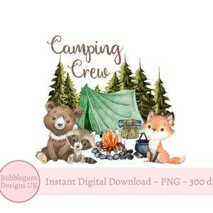 Equipo de acampada PNG, diseño de sublimación de camiseta de vacaciones de verano, oso, zorro, mapache, camiseta de acampada, diseño de acampada en el bosque, descarga digital instantánea