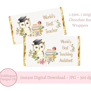 2 x embalagens de barras de chocolate para professores, melhores professores do mundo, design de coruja, embalagens de barras de chocolate de 1,55 onças (100 g), download digital instantâneo