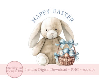 Blue Happy Easter Lop Ear Bunny & Basket Sublimation Design, PNG, Easter Bunny, 1st Easter, Bunny Rabbit, Instant Digital Download