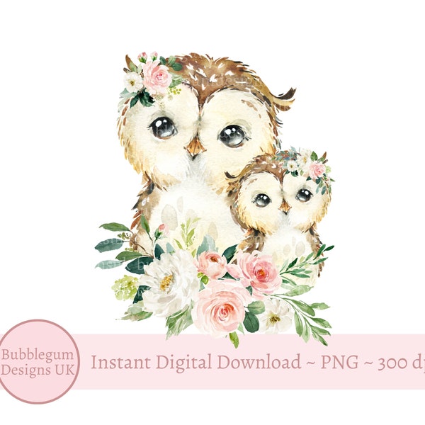 Mother & Baby Owls Pink Floral PNG, Watercolor Cute Owl Sublimation Design, Owl Birthday Card Design, Mother's Day Instant Digital Download,