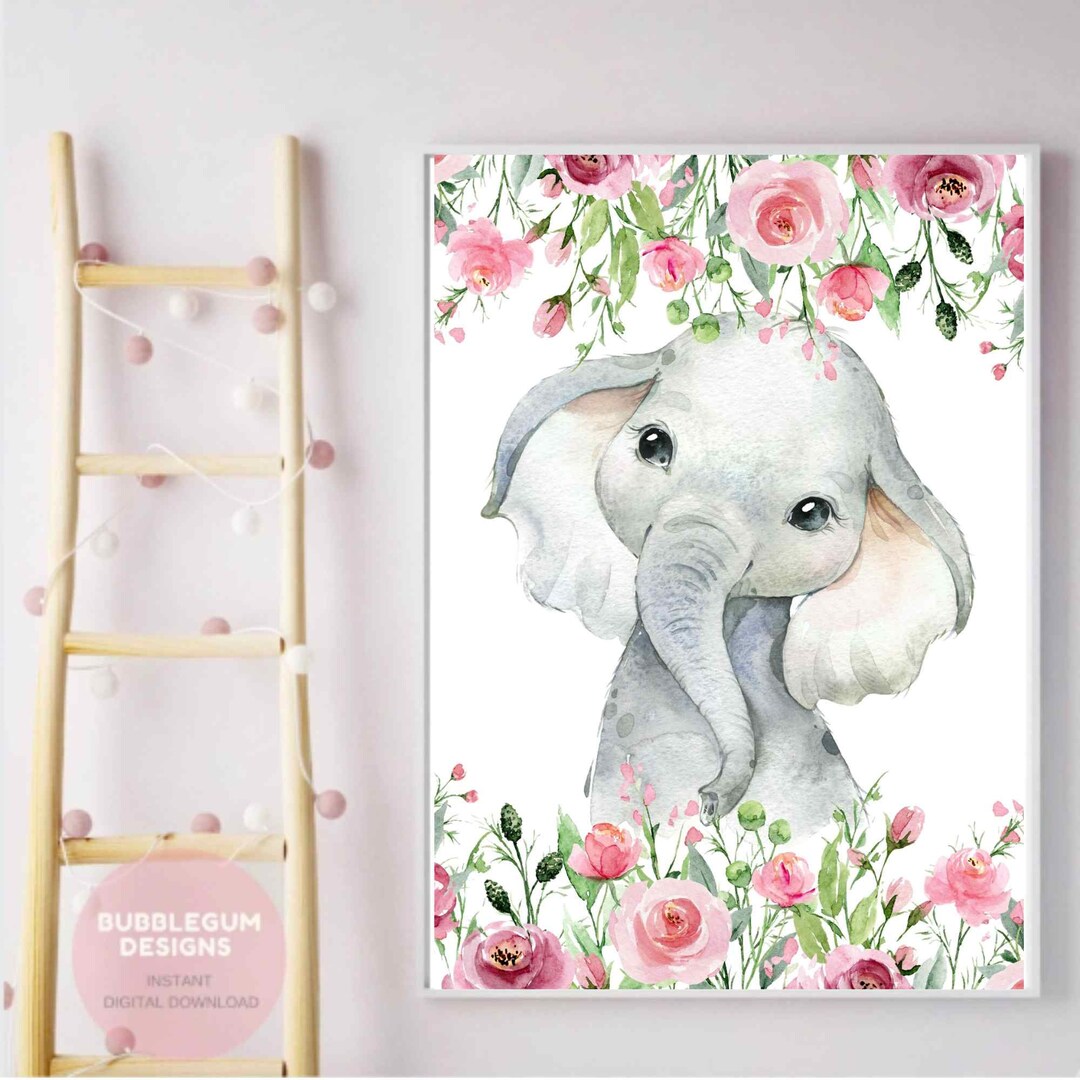8 X 10 Baby Elephant Nursery Wall Art Print, Pink Floral Baby Elephant, Baby Girl Nursery Decor
