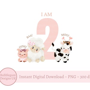 Oink, Baa, Moo I Am 2 - 2do cumpleaños PNG, diseño de sublimación de animales de granja, diseño de camiseta de cumpleaños, vaca, cordero, cerdo, descarga digital instantánea