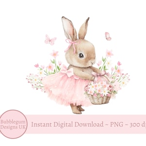Rosa Tutu Bunny Geburtstag PNG, Ballerina Bunny Sublimationsdesign, Mädchen Geburtstagskarte Design, Bunny & Blumenkorb Sofortiger digitaler Download