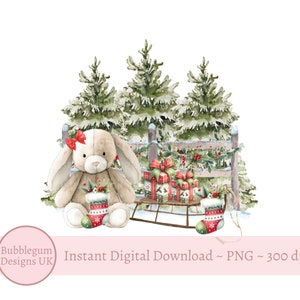 Coniglietto di Natale e slitta nel bosco PNG, design della cartolina di Natale, sublimazione del sacco di Babbo Natale, decorazione della scatola della vigilia di Natale, download digitale istantaneo