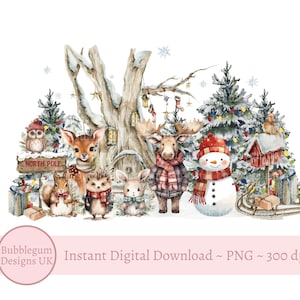 Animaux de la forêt de Noël et bonhomme de neige PNG, Design en sublimation animaux de la forêt d'hiver, 1er design de carte de Noël, téléchargement immédiat