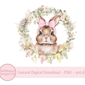 Easter Bunny & Bunting Sublimation Design, PNG, Easter Bunny Blue Gingham Bow, 1st Easter, Bunny Easter Egg Wreath, Instant Digital Download