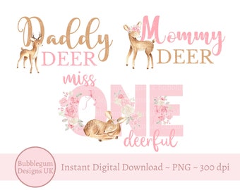 Miss Onedeerful Baby Deer PNG, 1st Birthday Family T Shirt Sublimation Designs, Mommy Deer, Daddy Deer,  Instant Digital Download