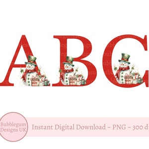 Vintage Schneemann Weihnachten rotes Alphabet PNG, Schneemann 26 einzelne Buchstaben Alphabet Clipart, Weihnachtsalphabet, sofortiger digitaler Download