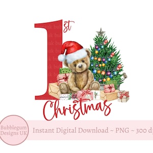 1st Christmas Bear PNG, Bear Sublimation Design, Christmas Teddy Bear, Christmas Card Design, Santa Sack Design, Instant Digital Download