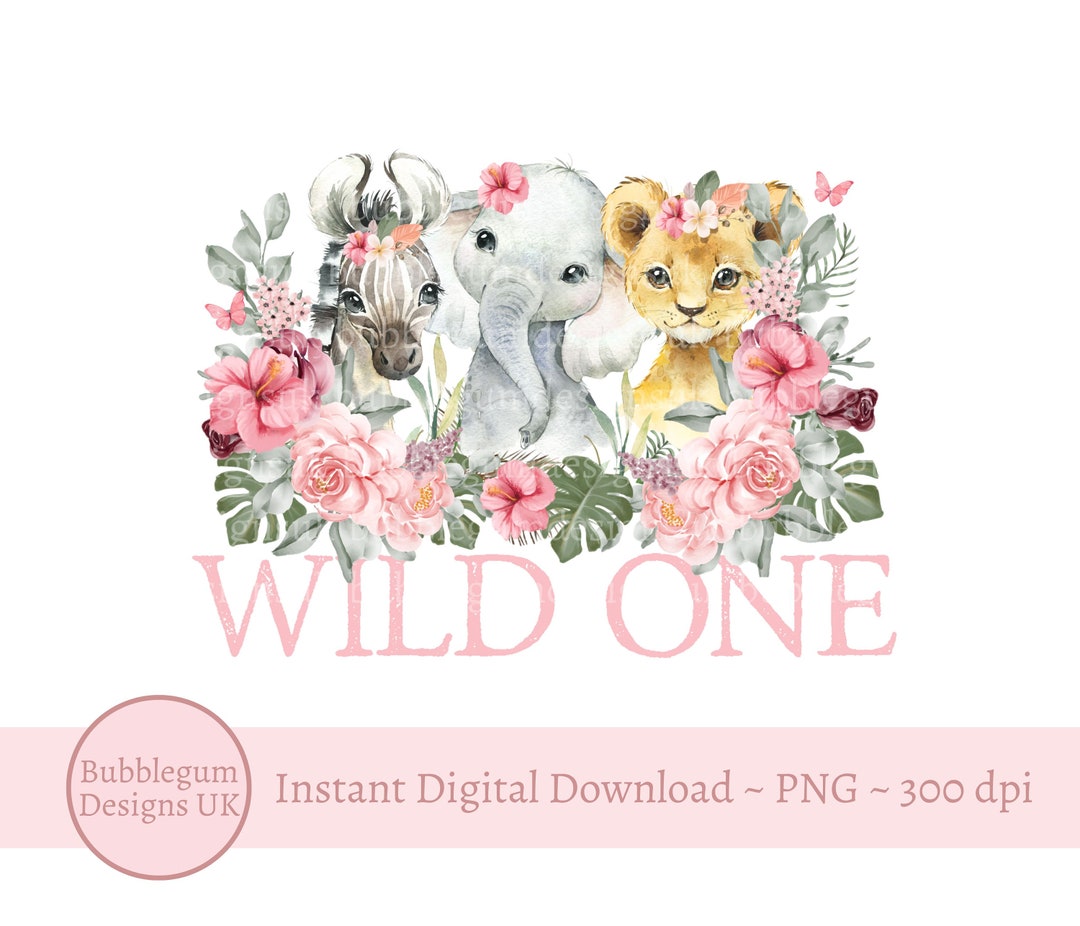 Girls Wild One Baby Safari Animals in Flower Crowns PNG, First Birthday ...