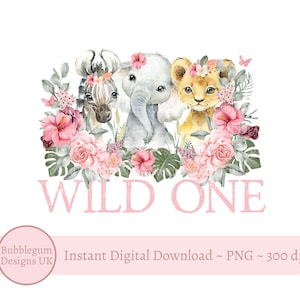 Meninas selvagens um bebê safári animais em coroas de flores PNG, primeiro aniversário sublimação design, 1º aniversário festa, download digital instantâneo
