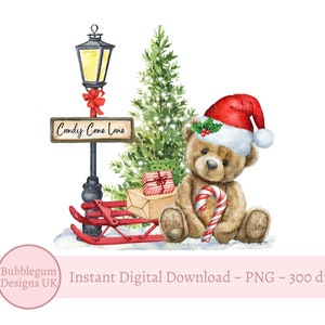 Weihnachtsbär Candy Cane Lane PNG, Teddybär Sublimationsdesign, Weihnachtskartendesign, Weihnachtssack Design, sofortiger digitaler Download