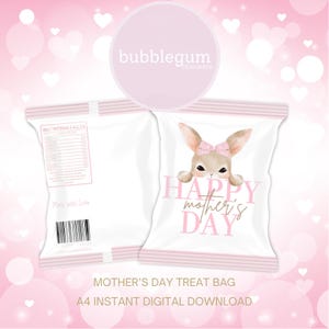 Paquete de obsequios para el Día de la Madre con forma de conejito con lazo rosa, formato A4 imprimible en formato JPG, bolsa de obsequios para el Día de la Madre, bolsa de papas fritas, bolsa para papas fritas, descarga digital instantánea
