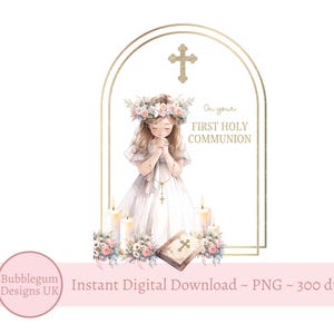 Erste heilige Kommunion PNG, Mädchen 1st Kommunion Sublimationsdesign, rosa Blumenkommunion, Bibel, betender Mädchenbogen, sofortiger digitaler Download