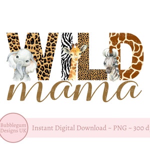 Animais selvagens do safári do bebê da mamãe PNG, animais do bebê da aquarela, design de sublimação da camiseta da mãe da mãe do 1º aniversário, download digital instantâneo