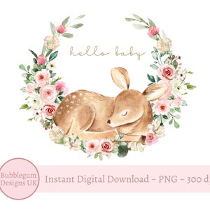 Corona floreale rosa Baby Deer PNG, design a sublimazione, neonato, baby shower, bambina, clip art della corona di Hello Baby, download digitale istantaneo