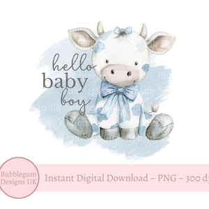 Hallo Baby Boy Blauer Bogen Kuh PNG, Neues Baby Sublimationsdesign, Baby Boy Dusche, neue Baby Weste, Hallo Baby Clipart, sofortiger digitaler Download