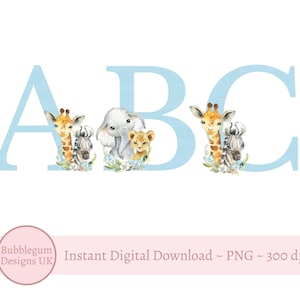 Blauwe safari dieren alfabet PNG, baby safaridieren, olifant, giraf, 26 individuele letters alfabet clipart, instant digitale download