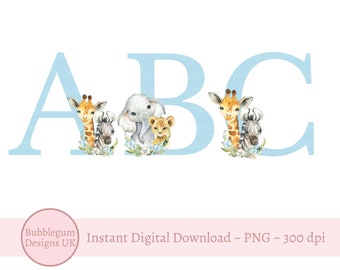 Blue Safari Animal Alphabet PNG, baby Safari Animals, Elephant, Giraffe, 26 Individual Letters Alphabet Clipart, Instant Digital Download