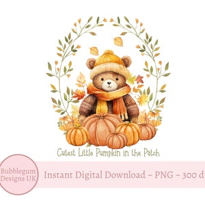 パッチの一番かわいい小さなカボチャ PNG、秋のクマの昇華デザイン、クマのクリップアート、秋のカボチャ、テディベア、インスタントデジタルダウンロード
